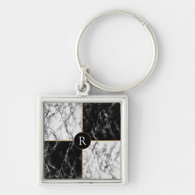 Custom Letter Keychain Gift Black White Check (Front)