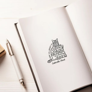 Custom Library Cat Bookplate Rubber Stamp