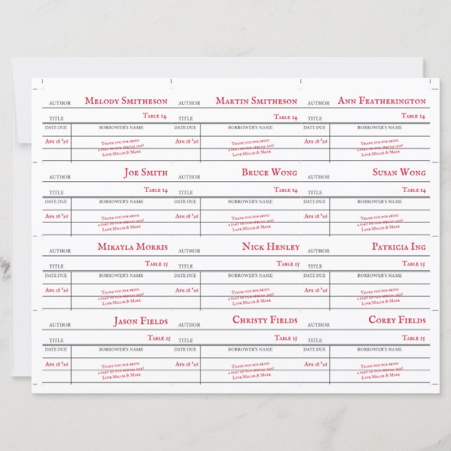 Custom Library Checkout Card Table Number Cards (Front)