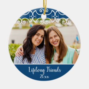 Custom Lifelong Friends 2-Sided Photo Christmas Ceramic Ornament