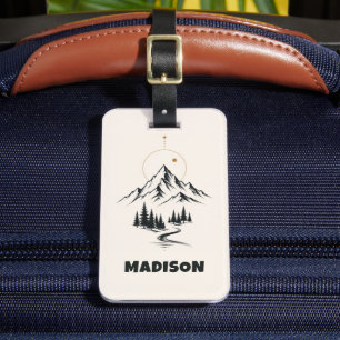 Custom Light Beige Black Trees Mountain Vacation Luggage Tag
