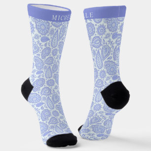 Custom Light Blue Bright Purple Paisley Pattern Socks