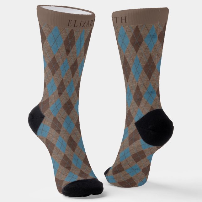 Custom Light Blue Dark Brown Grey Argyle Pattern Socks (Angled)