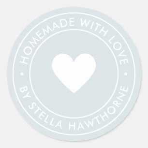 Custom Light Blue Homemade With Love Heart Classic Round Sticker