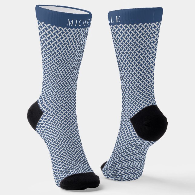 Custom Light Dark Blue White Geometric Pattern  Socks (Angled)