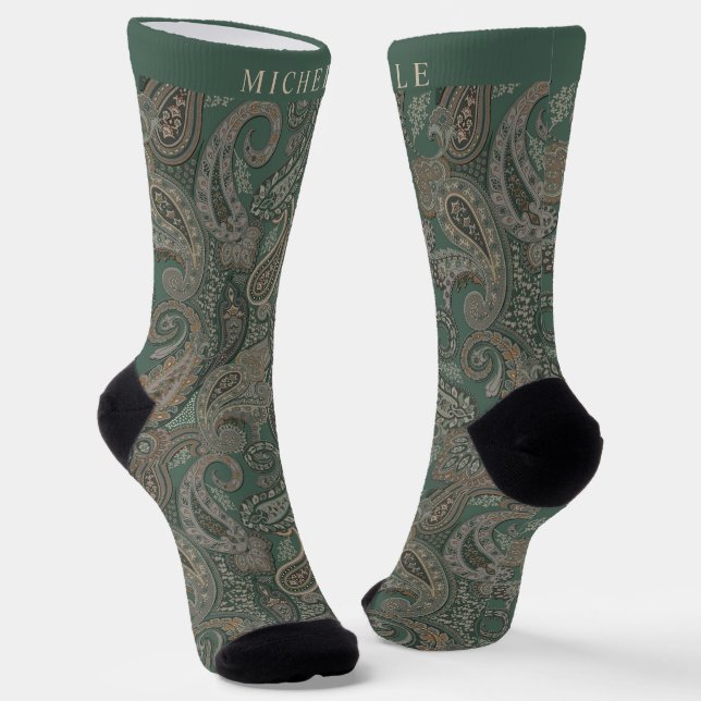 Custom Light Dark Green Grey Paisley Pattern Socks (Angled)