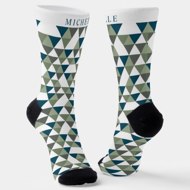 Custom Light Dark Green White Geometric Pattern Socks (Angled)