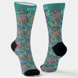 Custom Light Green Dark Blue Paisley Pattern Socks