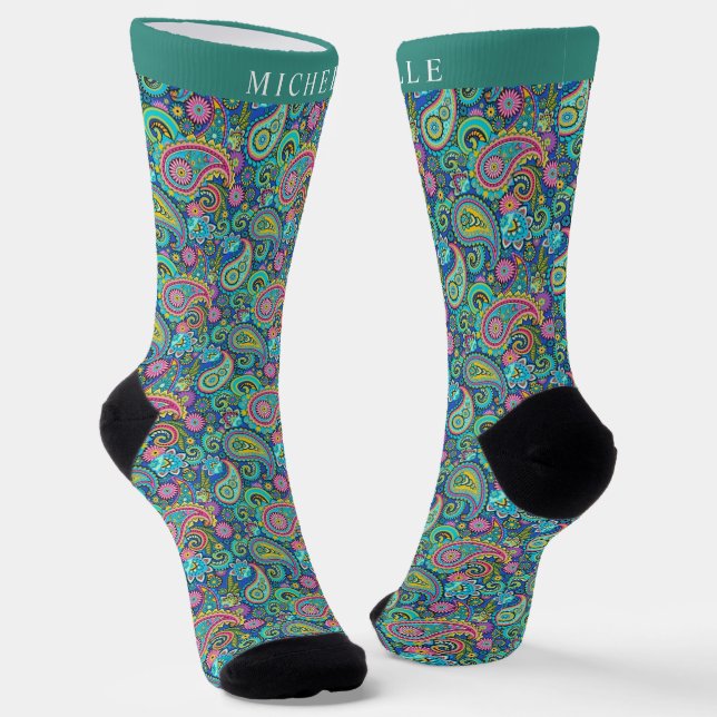 Custom Light Green Dark Blue Paisley Pattern Socks (Angled)