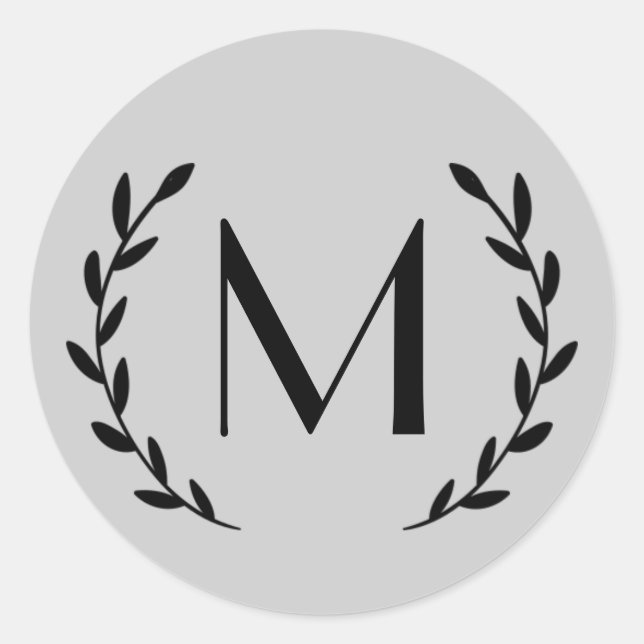 Custom Light Grey Black Laurel Monogram Letter Classic Round Sticker (Front)