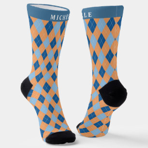 Custom Light Orange Dark Blue Argyle Pattern Socks