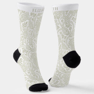 Custom Light Pastel Sage Green White Paisley Socks