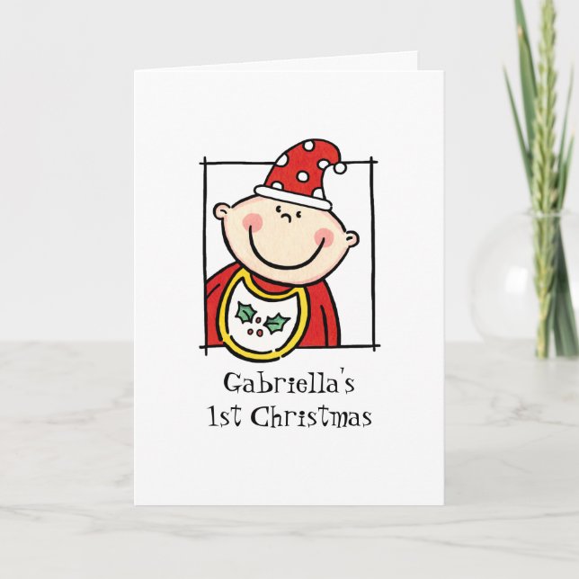 Custom Light Skin Tone Baby's First Christmas Holiday Card (Front)