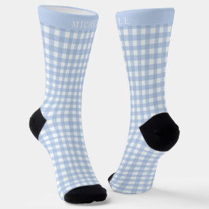 Custom Light Soft Blue White Chequered Pattern Socks