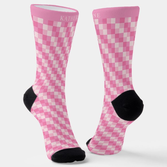 Custom Light Soft Pastel Pink White Checkered Socks (Angled)