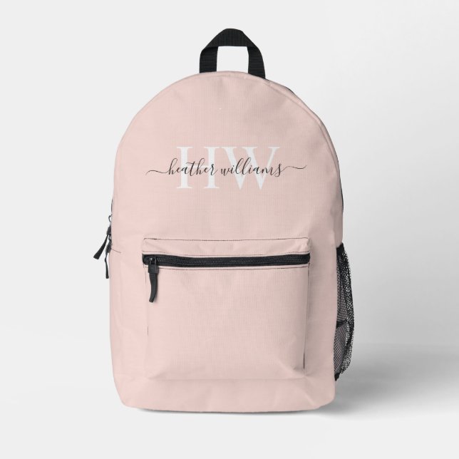 Custom Light Soft Pastel Solid Pink White Monogram Printed Backpack (Front)