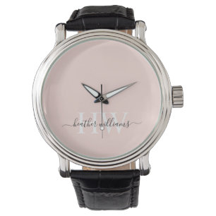 Custom Light Soft Pastel Solid Pink White Monogram Watch