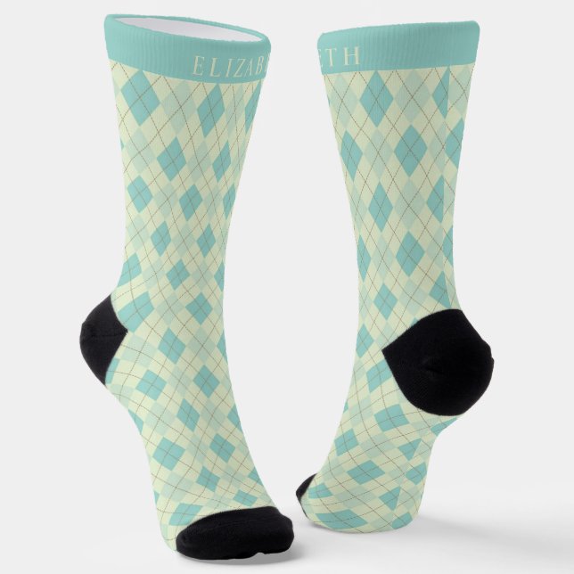 Custom Light Soft Pastel Teal Green Argyle Pattern Socks (Angled)