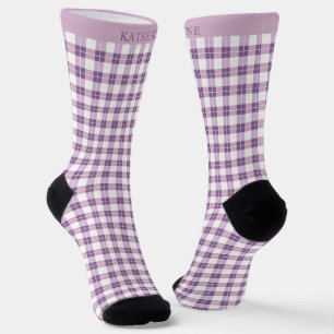 Custom Light Soft Pink Dark Purple Checkered  Socks