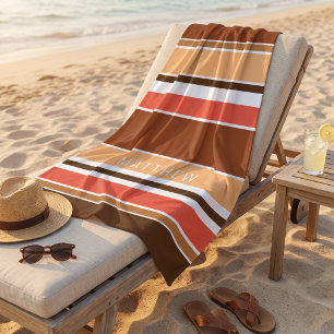 Custom Light Tan Coral Red Dark Brown Stripes Beach Towel