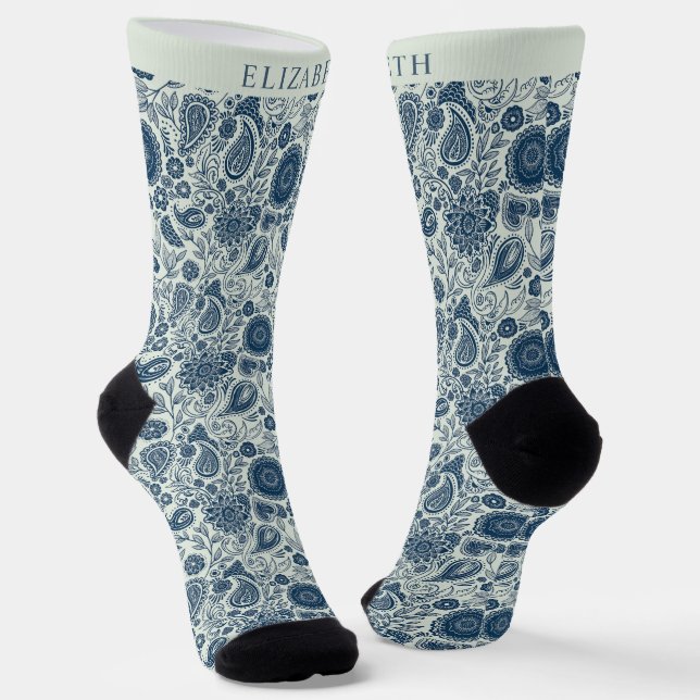 Custom Light Teal Sage Green Paisley Pattern Socks (Angled)