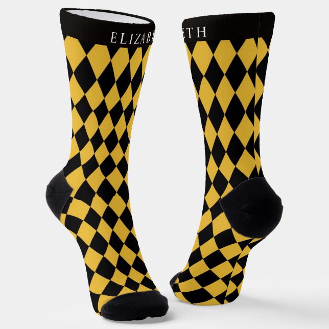 Custom Light Yellow Black Argyle Pattern Socks (Angled)