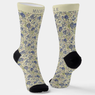Custom Light Yellow Floral Blue Green Flowers  Socks