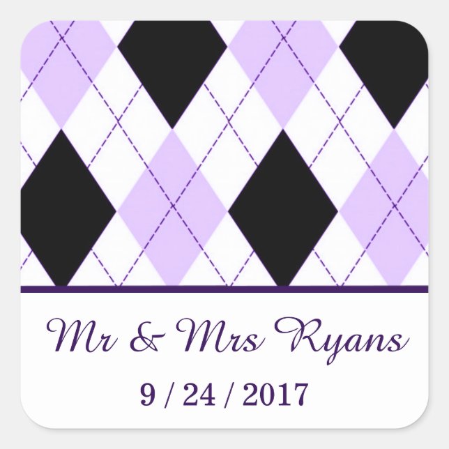 Custom Lilac Argyle Wedding Square Sticker (Front)