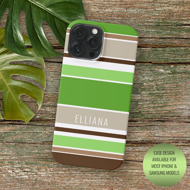 Custom Lime Green Dark Brown Beige White Stripes iPhone Case (Creator Uploaded)