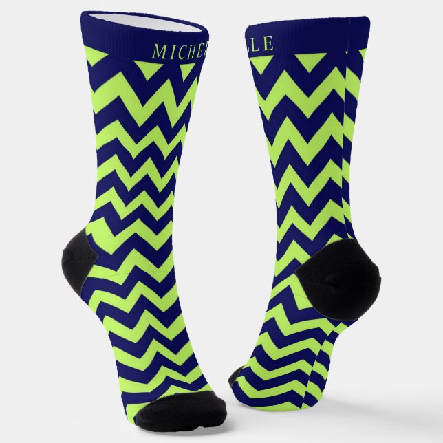 Custom Lime Green Navy Blue Chevron Pattern Socks (Angled)