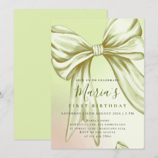 Custom Lime Green Watercolor Bow First Birthday Invitation