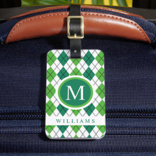 Custom Lime White Forest Green Argyle Pattern Luggage Tag
