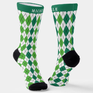 Custom Lime White Forest Green Argyle Pattern Socks