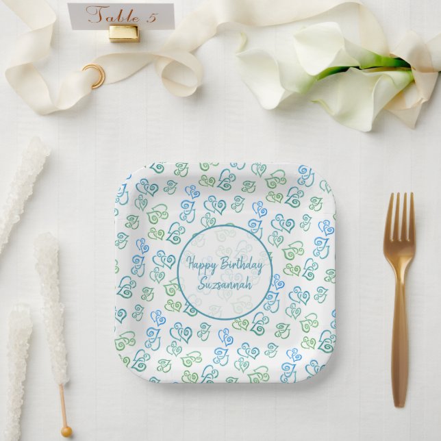 Custom Linked Green Blue Heart Pattern Over White  Paper Plate (Wedding)