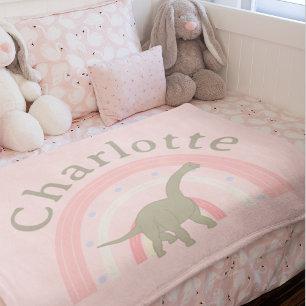 Custom Little Girl Dinosaur Rainbow Pink Fleece Blanket