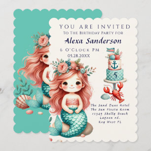 Custom Little Girls Mermaid Birthday Party Invite
