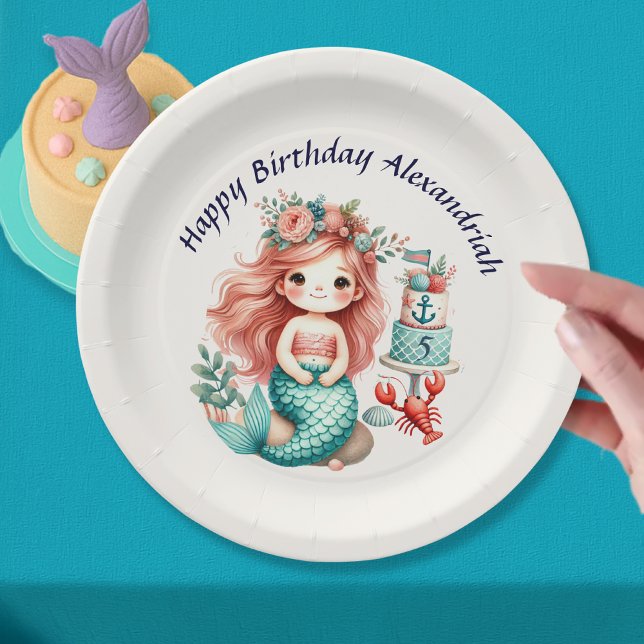 Custom Little Girls Mermaid Birthday Party Pink Paper Plate (Creator Uploaded)