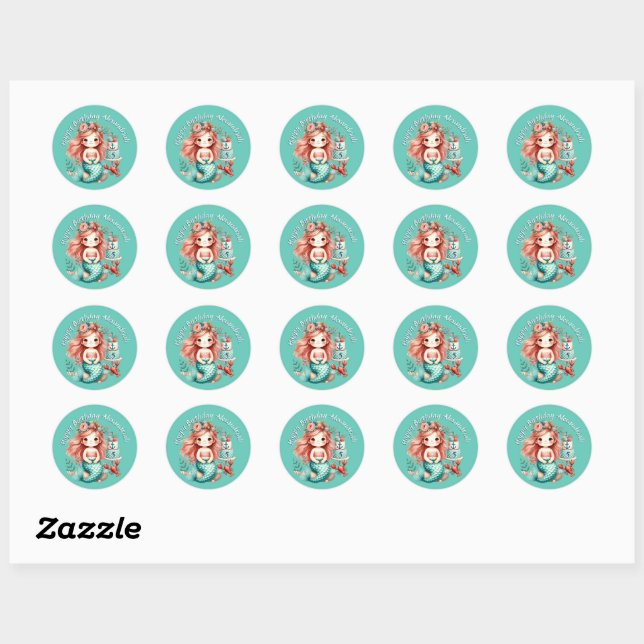 Custom Little Girls Mermaid Birthday Party Teal Classic Round Sticker (Sheet)