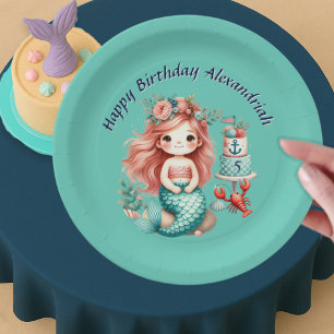 Custom Little Girls Mermaid Birthday Party Teal Paper Plate