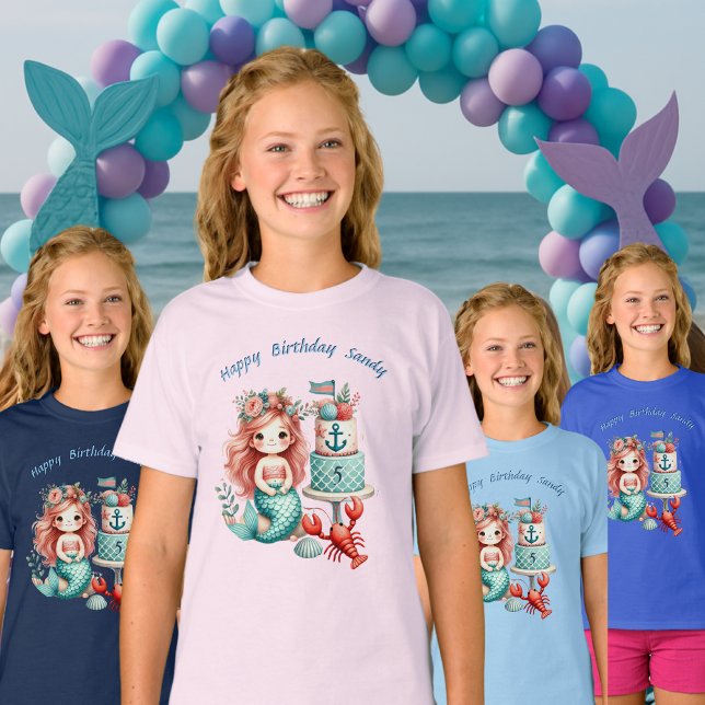 Custom Little Girls Mermaid Birthday Party Teal T-Shirt (Creator Uploaded)