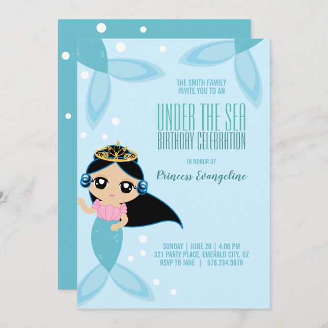 custom little MERMAID BIRTHDAY black hair Invitation (Front/Back)