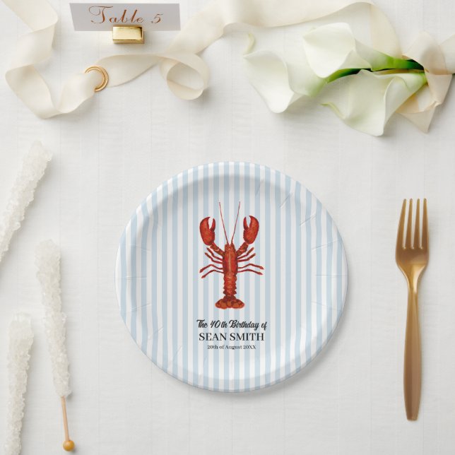 Custom Lobster Boil Nautical Blue Stripe Paper Plate (Wedding)