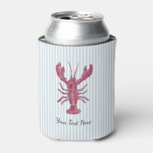 Custom Lobster Painting Coastal Blue Stripe Can Cooler