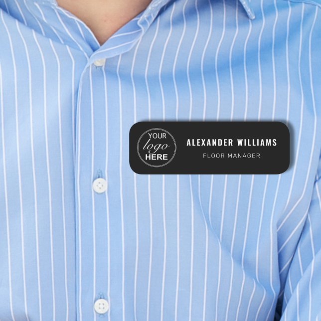 Custom Logo and Employee  Name Tag (Custom business your logo here employee name and job tag Modern professional black and white design)
