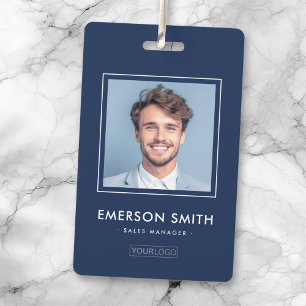 Custom logo and photo dark blue employee name id ID badge