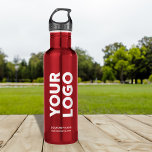 Custom Logo and Text on Red 710 Ml Water Bottle<br><div class="desc">Advertise with your business logo, slogan, company name, website or other custom text on a branded red stainless steel water bottle. Replace the sample logo and text with your own in the sidebar. White or light coloured logos will work best with the dark background. Your brand symbol can be any...</div>