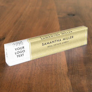 Custom Logo and Text White & Gold Background Nameplate