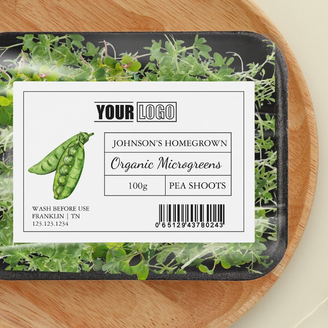 Custom Logo & Barcode Pea Shoot Microgreens Food Label (Creator Uploaded)