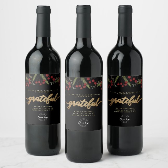 Custom logo Botanical Foliage “Grateful” Holiday  Wine Label (Bottles)