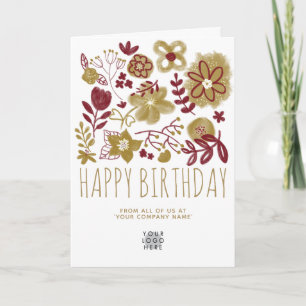 Custom Logo Burgundy Gold Flowers Happy Birthday Card